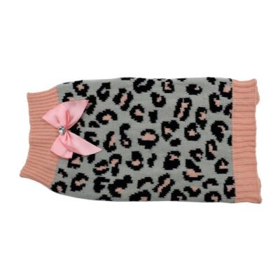 Zeez Knitted Leopard Print Dog Sweater With Bow Grey/Pink 1 X Large