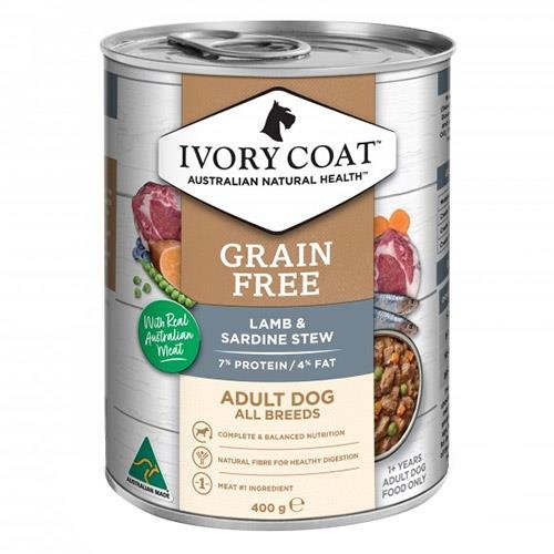 Ivory Coat Grain Free Adult Dog Canned Wet Food Lamb And Sardine Stew 400gm 12 Cans
