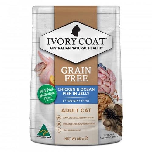 Ivory Coat Grain Free Adult Chicken & Ocean Fish In Jelly Wet Cat Food 85gm 12 Pouches