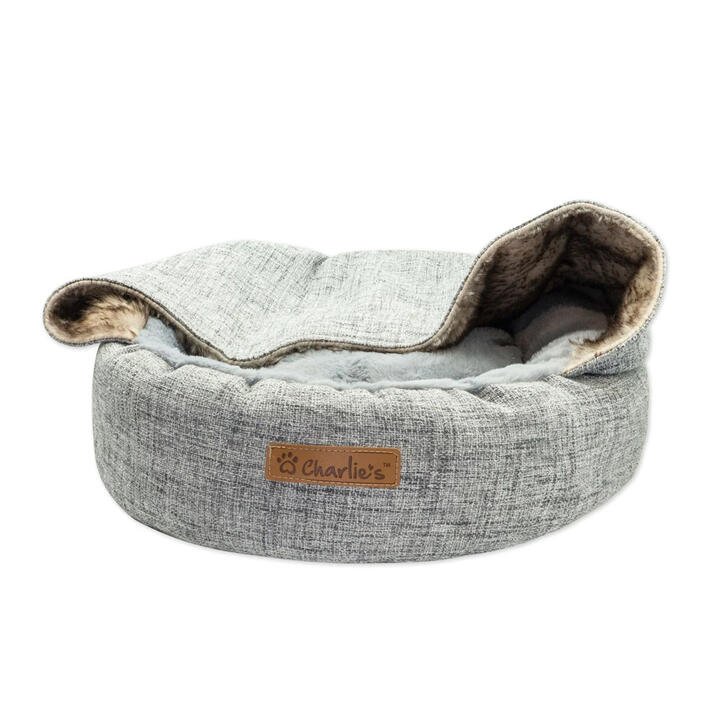 Charlie's Vip Wolf Hooded Nest Bed With Faux Linen And Fur For Pets Light Grey 1 X Medium
