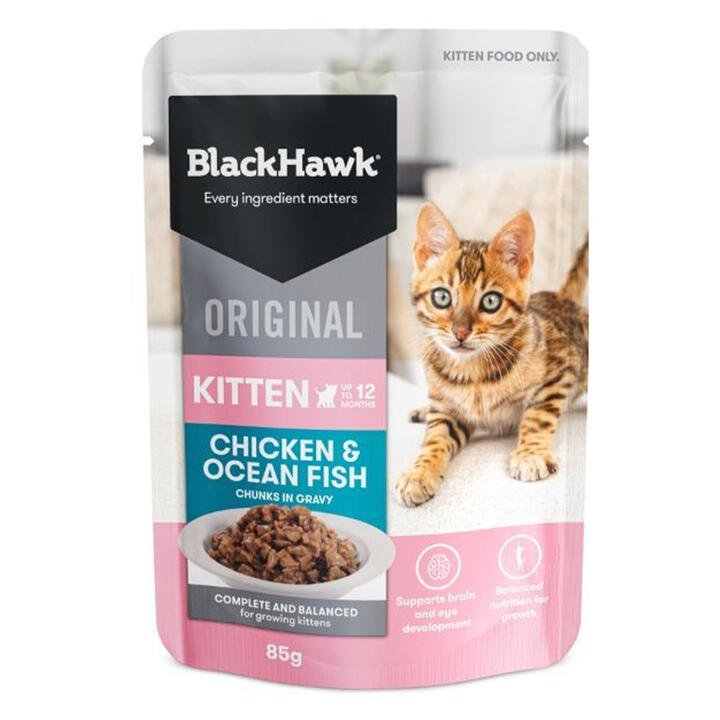 Black Hawk Original Kitten Chicken & Ocean Fish Chunks In Gravy Dry Cat Food 85 Gms 12 Pack