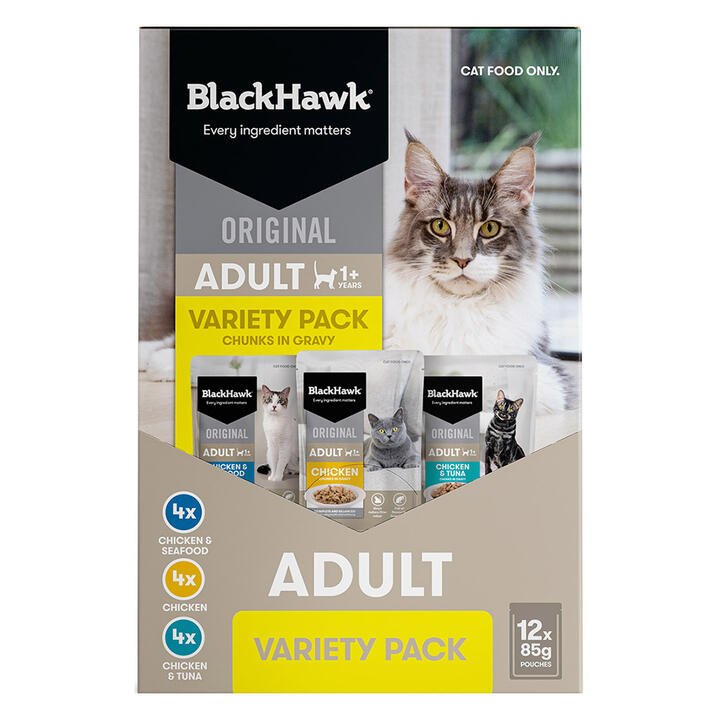 Black Hawk Original Adult 1+ Variety Pack Chunks In Gravy  Wet Cat Food 85 Gms 12 Pack