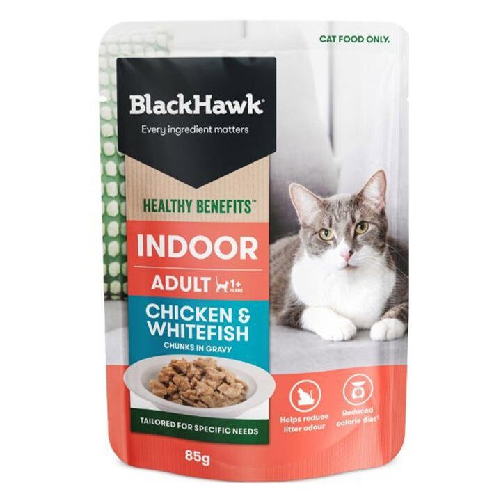 Black Hawk Healthy Benefits Indoor Adult 1+ Chicken & Whitefish Chunks In Gravy Wet Cat Food 85 Gms 12 Pack