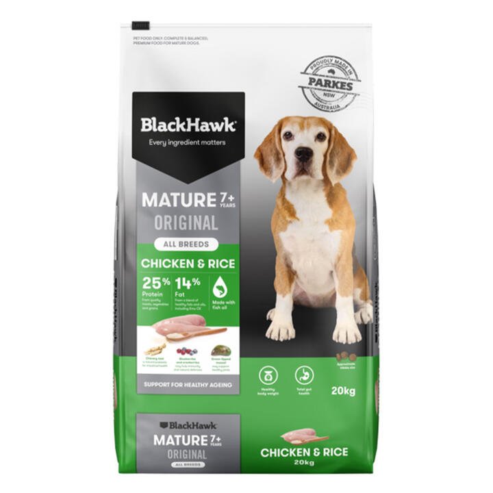 Black Hawk Original Mature 7+ Chicken & Rice Dry Dog Food  20 Kg