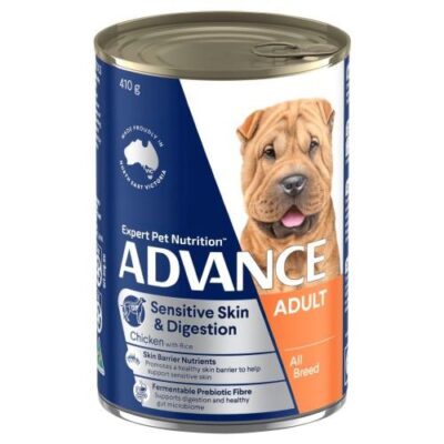 Advance Sensitive Skin & Digestion Adult All Breed Chicken With Rice Wet Dog Food 410gm 12 Cans
