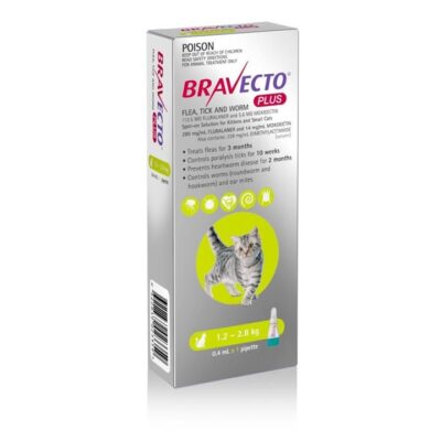Bravecto Plus 2 Month Protection Spot On for Small Cats (1.2 - 2.8kg) Pipette X 1 - Green