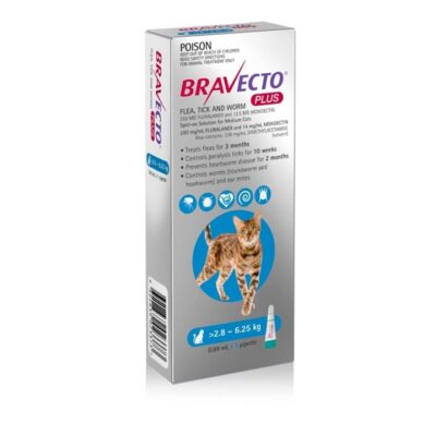 Bravecto Plus 2 Month Protection Spot On for Medium Cats (2.8 - 6.25kg) Pipette X 1 - Blue
