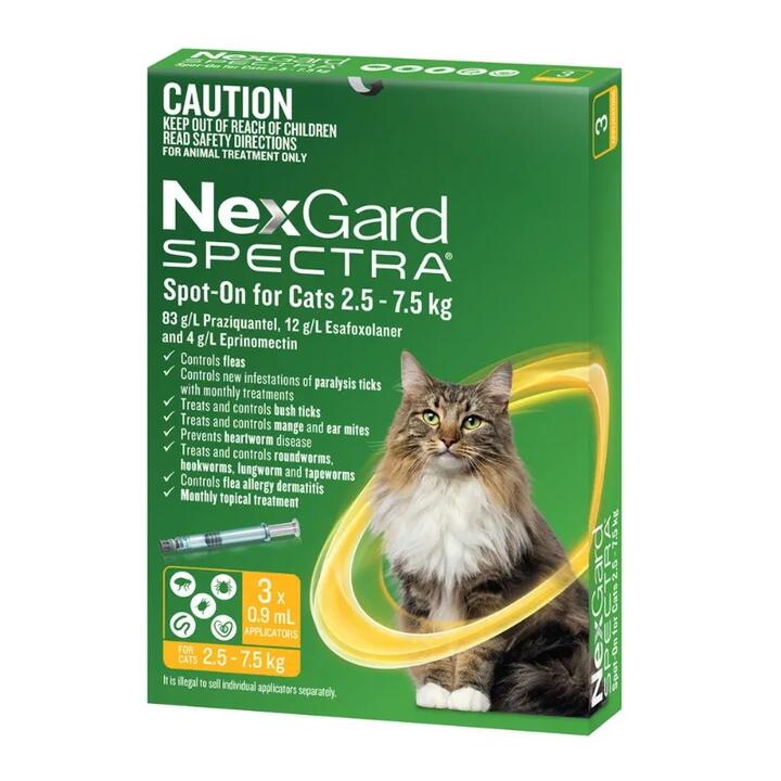 NexGard Spectra Spot On for Large Cats (2.5 - 7.5kg) 0.9ml X 6 - Yellow