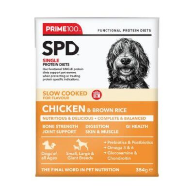 Prime100 SPD Slow Cooked Chicken And Brown Rice Wet Dog Food 12x354g