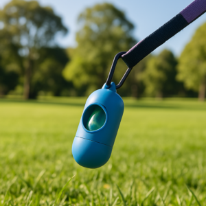 Dog poop bag dispenser clipped to lead in Australian park